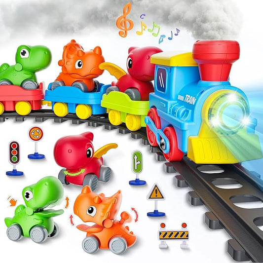 Train Set for Toddlers w/Steam, Music & Lights - Electric Train Toys for Kids w/Tracks Accessories, Including 3 Dinosaur Car and 3 Trailer, Christmas Birthday Gifts for 1-3 4 5 6+ Years Old Boys Girls