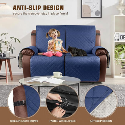 KinCam Waterproof Loveseat Recliner Cover, Non-Slip Reclining Couch Covers for 2 Seat, Recliner Sofa Cover Furniture Protector with Elastic Straps for Kids, Pets, Blue