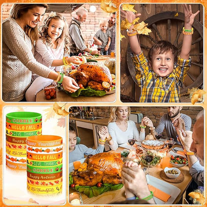 JUNEBRUSHS 24Pcs Thanksgiving Silicone Bracelets Rubber Wristbands Fall Party Favors for Kids Decorations for Autumn Thanksgiving Party Kids Stuffers Filler Accessories Gifts Supplies