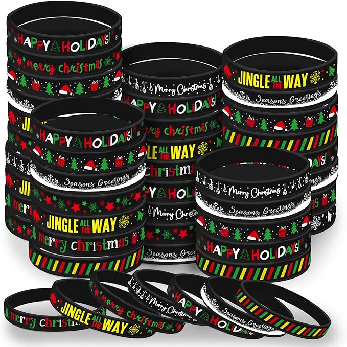 Morcheiong 42 Pieces Christmas Rubber Bracelets 7 Classic Design Silicone Wristbands for Merry Xmas Party Favors (Black)