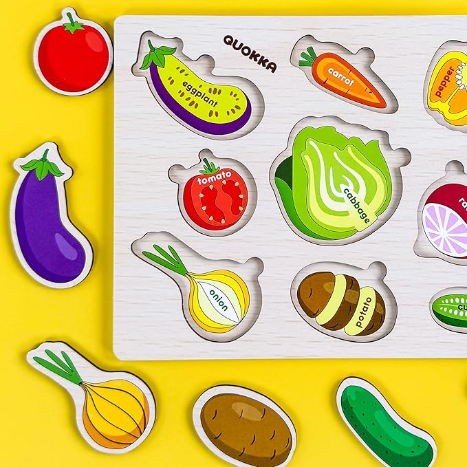 QUOKKA Wooden Puzzles for Toddlers 1-2 – 4 Set Pegged Puzzles for Kids Ages 1-2 – Veggies Learning Toy for Kids – Gift Realistic Educational Game for Boy and Girl