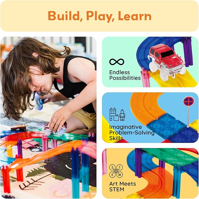 PicassoTiles 100 PCs Race Car Track Set Magnetic Toy Building Block with 2 LED Cars with Height Adjustable Roads Signs Education STEM Building Kit Learning Construction Fun for Boys & Girls Ages 3+