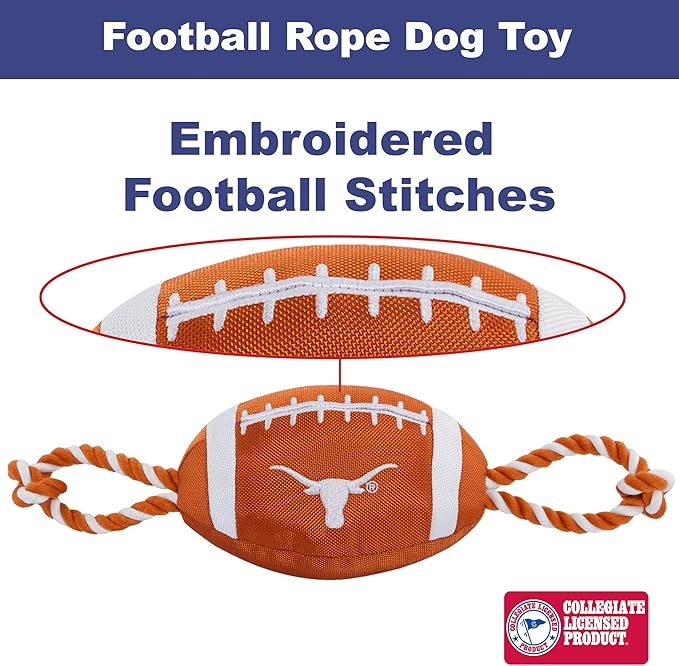 Pets First NCAA Texas Longhorns Football Dog Toy, Tough Quality Nylon Materials, Strong Pull Ropes, Inner Squeaker, Collegiate Team Color, 1 Count (Pack of 1)