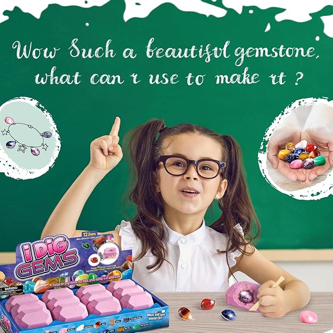 Byncceh Gemstone Dig Kit - Dig up 12 Real Gems, Mineral & Rock Collection Gemstones and Crystals Excavation Kit for Kids STEM Toys Science Educational Birthday Gifts for Boys & Girls