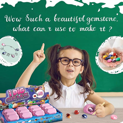 Byncceh Gemstone Dig Kit - Dig up 12 Real Gems, Mineral & Rock Collection Gemstones and Crystals Excavation Kit for Kids STEM Toys Science Educational Birthday Gifts for Boys & Girls