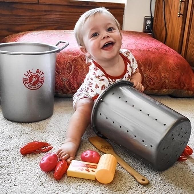 Lil' Bit Boiling Co. Kids Louisiana Crawfish Boil Playset - Toy Food Kitchen Set for Children with Pot, Strainer, Wooden Paddle and Accessories