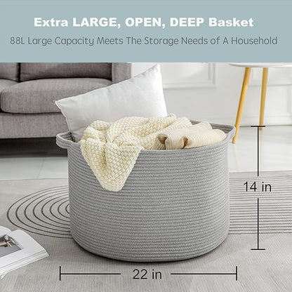 MEGASKET Extra Large Grey Storage Basket, 22" X 22" X 14" XXXL Blanket Basket for Living Room, Gray Wicker Woven Cotton Rope Baskets for Storage, Kids Toy Baskets Bins, Decorative Pillow Towel Basket