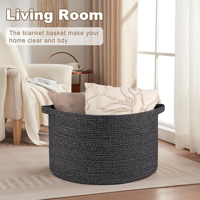 OIASKET Large Woven Baskets for Storage, 23.6" x 23.6" x 14.6" Blanket Storage Living Room, Baby Toy Basket for Clothes, Pillows, Towels, Shoe Basket for Entryway (Black)