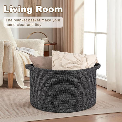 OIASKET Large Woven Baskets for Storage, 23.6" x 23.6" x 14.6" Blanket Storage Living Room, Baby Toy Basket for Clothes, Pillows, Towels, Shoe Basket for Entryway (Black)