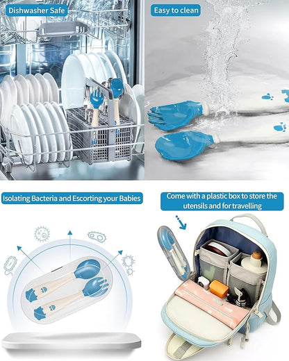 Deejoy Toddler Utensils with Travel Safe Case, Silicone Baby Spoons and Fork Set for Self Feeding, Toddlers Feeding Training Spoon, Easy Grip Heat-Resistant, Bendable Function (2 Sets, Yellow+Blue)