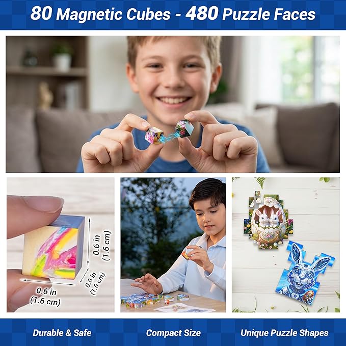 TOSY Picture Cube Bunny Friends: 6-in-1 Magnetic Picture Puzzle, Easter Basket Stuffers STEM Gift for Kids & Adults, 80 Blocks, 488 Faces/Magnets, 0.6in, B011, Seamless UV Art, Display-Ready Frame