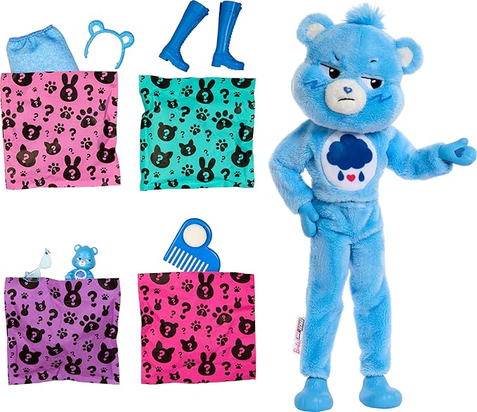 Barbie Cutie Reveal Care Bears Series Doll & Accessories Set with Grumpy Bear Plush Costume & 10 Surprises Including Color Change & Mini Bear
