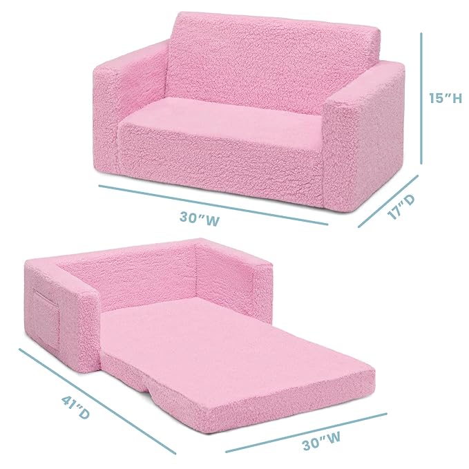 Delta Children Cozee Flip-Out Sherpa 2-in-1 Convertible Sofa to Lounger for Kids, Pink