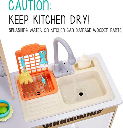 Lil' Jumbl Kids Wooden Natural Color Kitchen Set, Pretend Working Sink with Real Running Water, Includes Range Hood, Microwave & Stove Top, Realistic Sound & Light, Full Accessory Set Included