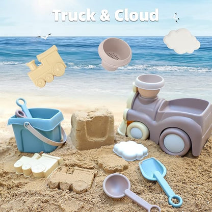 QLT Beach Toys for Toddlers - Kids Sand Toys Include Train Beach Truck, Beach Bucket, Scoop, Trowel, Colander, Rake, Sand Castle Toys - Sandbox Toys with Gift Box