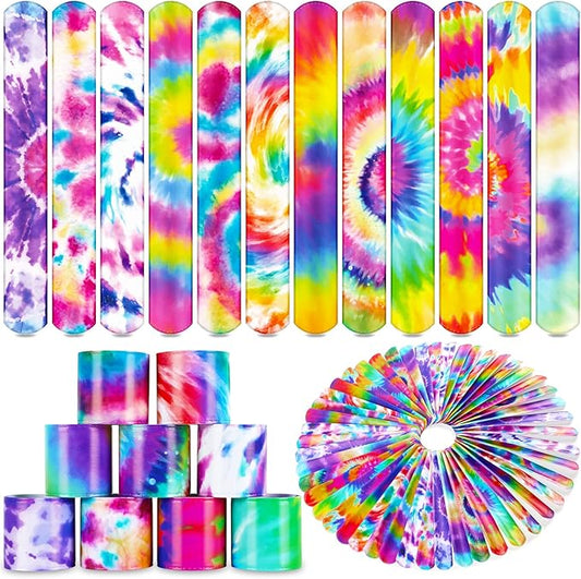 Sawowkuya 48PCS Tie Dye Party Favors Slap Bracelets, Colorful Wristbands for Kids Classroom Gifts Exchanging,Gift Box Filler,Birthday Party Decorations Supplies