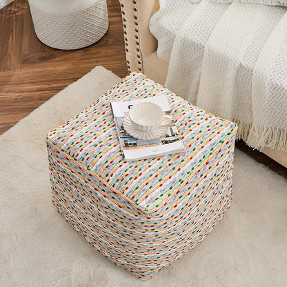 Unstuffed Pouf Ottoman Cover Storage Bean Bag Cube Foot Rest Footstool Floor Pillow Farmhouse Cushion for Living Room, Bedroom, Nursery, Kidsroom, Nook
