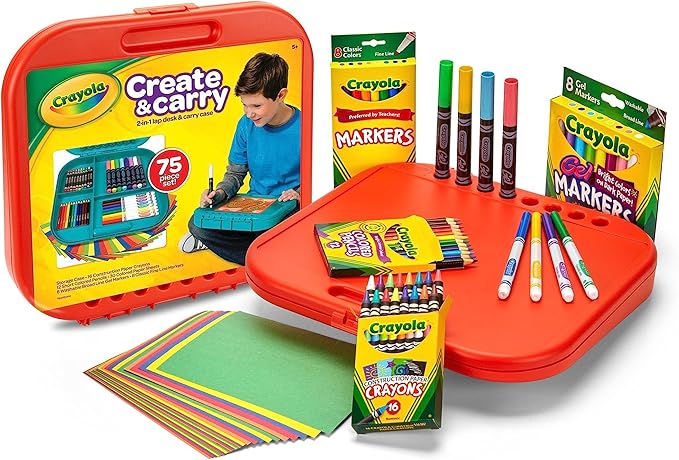 Crayola Create 'N Carry Art Set (75pcs), 2-in-1 Lap Desk & Carrying Case, Art Kit for Kids, Arts & Crafts Supplies, Easter Basket Stuffer & Gifts, 5+