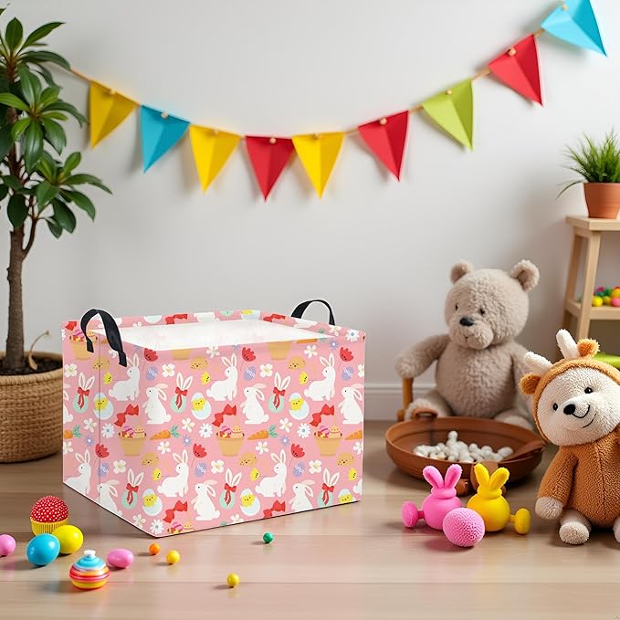 HIYAGON Rectangular Easter Basket Baby Girl Basket Fabric Storage Bin Organizer Box Room Decor(Bowknot Bunny)