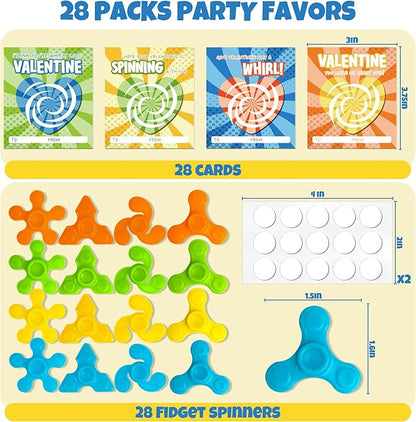 Valentine Cards for Kids Classroom - 28Packs Fidget Spinner Valentines Cards, Class Valentines Day Gifts for Kids School Classroom Exchange, Fidget Spinners Stress Toys Bulk