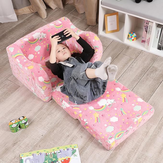 Unicorn Glow in The Dark Toddler Couch, 2-in-1 Toddler Soft Couch Fold Out with Star Pillow, Convertible Sofa to Lounger for Girls and Boys, 1-Seat