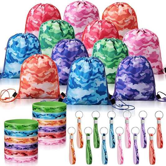 36 Pcs Tie Dye Camouflage Party Kit Camo Drawstring Bag Bulk Camouflage Military Rubber Keychain Silicone Camo Bracelet for Adult Kid Travel Paintball Camping Birthday Party Supplies (Assorted Camo)