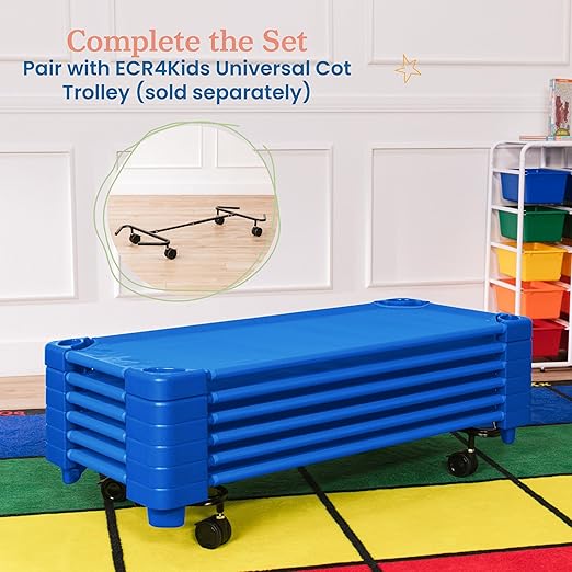 ECR4Kids Stackable Kiddie Cot, Assembled, Standard Size, Classroom Furniture, Blue, 5-Pack