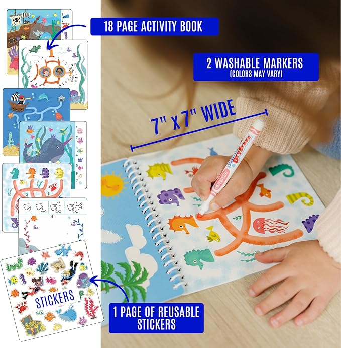 Kids Small Size Travel Educational Activity Book with Washable Markers (7"x7") - Car and Airplane Activities, Learning Toys for Toddlers - Search and Find, Reusable Stickers for Ages 4, 5, 6 (Ocean)