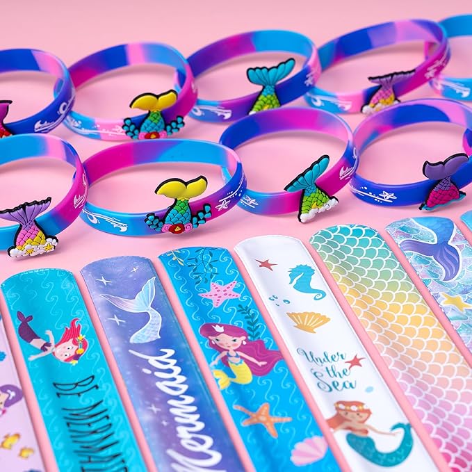 Mermaid Party Favors 30 Pcs Silicone Wristband Slap Bracelets Goody Bag Favors for Boys Girls Mermaid Birthday Party Under The Sea Themed Baby Shower Supplies