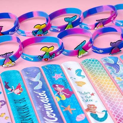 Mermaid Party Favors 30 Pcs Silicone Wristband Slap Bracelets Goody Bag Favors for Boys Girls Mermaid Birthday Party Under The Sea Themed Baby Shower Supplies