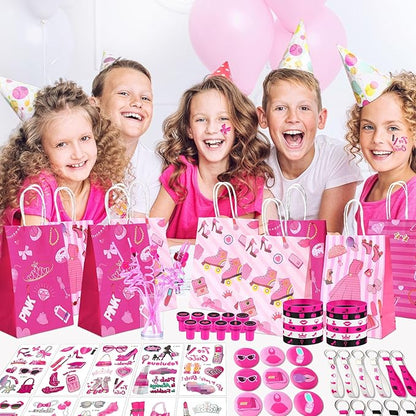 96 Pcs Pink Party Favors Hot Pink Princess Party Gifts Set Include Tattoos, Bracelets, Keychains, Badges, Toy Stamps, Straws, Gifts Bags, Bubble Water for Hot Pink Girls
