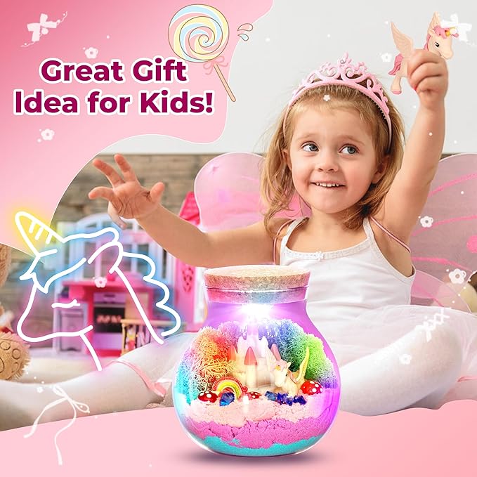 Unicorn Light-Up Terrarium Kit for Kids - LED Night Light Birthday Gift for Girls Ages 5 6 7 8 9 10 11 12 Year Old - Unicorn DIY Arts and Crafts Kit for Kids - Best Christmas Gifts for Girls