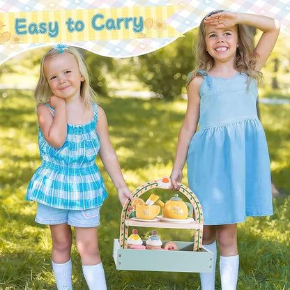 Toyssa Wooden Tea Party Set for Little Girls Toys Toddler Tea Set with Storage Cupcake Stand & Play Kitchen Accessories, Wooden Toys for Toddlers 2 3 4 5 6 Years Old, Birthday Kids Girls Gifts 1-3