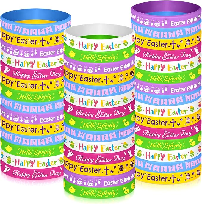 NEBURORA 72 Pcs Easter Rubber Bracelets Bunny Rabbit Egg Chick Flower Carrot Silicone Wristbands for Spring Happy Easter Party Favors Baskets Stuffers Egg Fillers