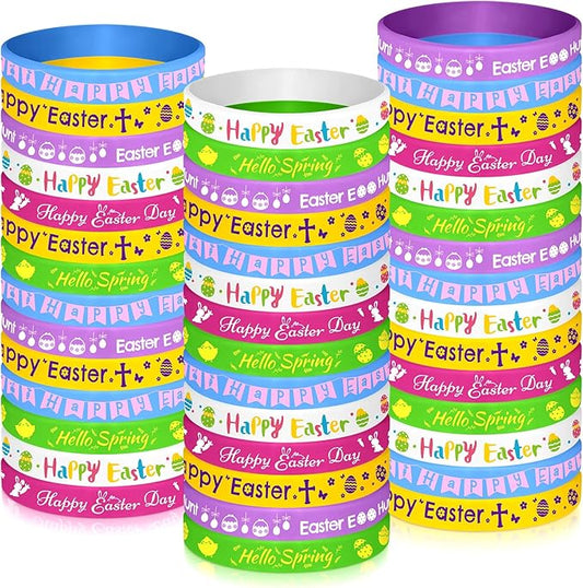 NEBURORA 72 Pcs Easter Rubber Bracelets Bunny Rabbit Egg Chick Flower Carrot Silicone Wristbands for Spring Happy Easter Party Favors Baskets Stuffers Egg Fillers