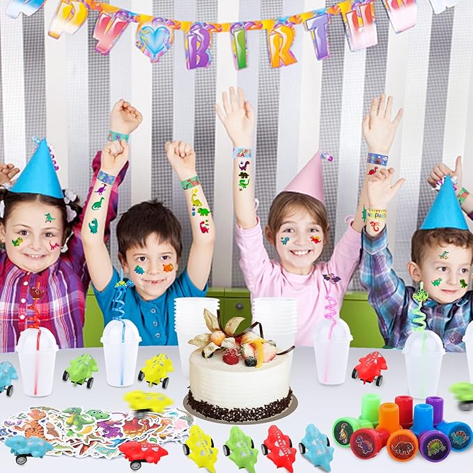 194Pcs Dinosaur party favors Dinosaur Rings for Boy Kids Party Supplies Dinosaur slap Bracelet Tattoos Keychains Dinosaur Theme Party supplies for Birthday party goodie bag Fillers