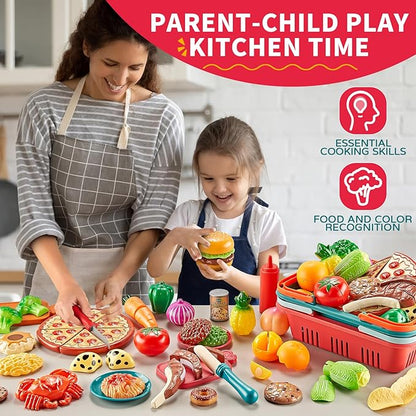 Play Food Sets for Kids Kitchen-80PC Pretend Food with 2 Kids Picnic Basket, Toy Food with Pizza Toy, Plastic Food Cutting Toys, Play Kitchen Accessories - Fake Food, Boys Girls Toddlers Gifts
