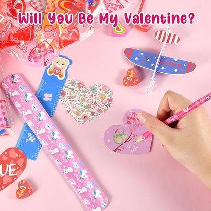 Valentines Day Gifts for Kids, 224 Pcs Valentines Day Party Favors for Kids School Classroom Exchange, 28 Pack Valentines Day Goodie Bags Stuffers with Cards Slap Bracelet Foam Airplane Pencil Eraser