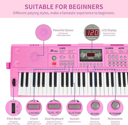 Kids Keyboard 61 Keys, Beginner Electronic Piano with One-Key Teaching 100 Tones & Rhythms, Portable Music Keyboard for Children with Microphone, Music Stand [Pink, Piano with Stand]