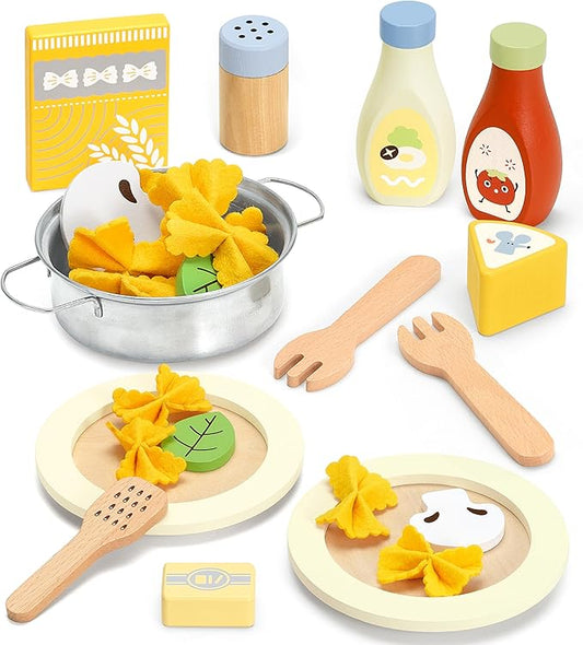 Pasta Food Toys, Wooden Play Kitchen Food , Play Food with Pots and Pans Playset, Kids Pretend Play Kitchen Accessories Toys Set for Girls Boys 3+Years Old