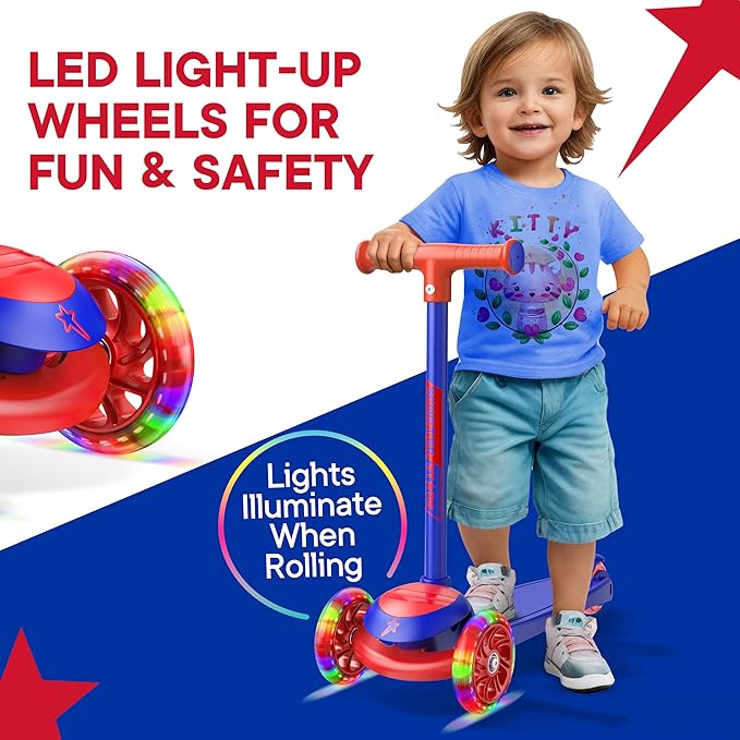 3 Wheel Scooter for Kids, Smooth Light Up LED Front Wheels, Wide Anti Slip Deck, Rear Foot Brake, Easy Lean to Steer Maneuvering, Indoor & Outdoor Ride On Toys for Ages 2 Up,