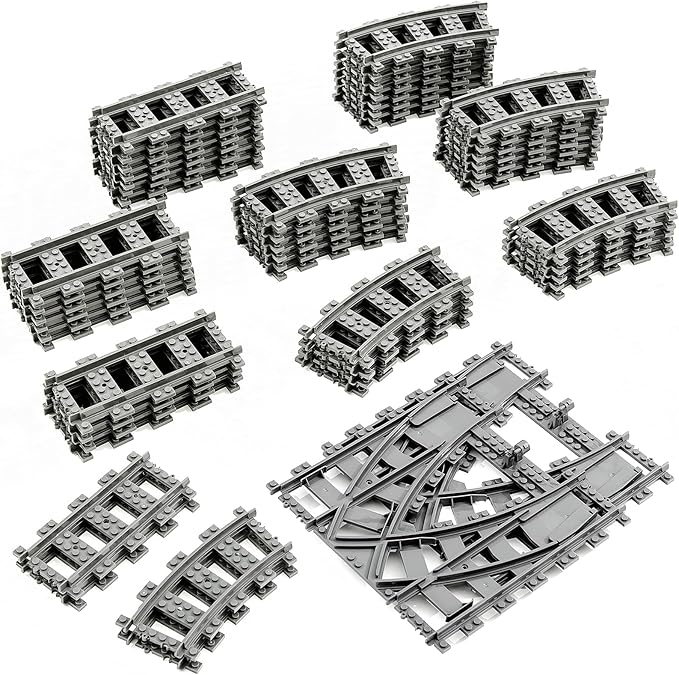 Classic City Train Tracks, 54 Pieces Railroad Track with 32 Curved, 20 Straight and 2 Switch Train Tracks, Train Expansion Accessories Compatible with All Major Train Tracks