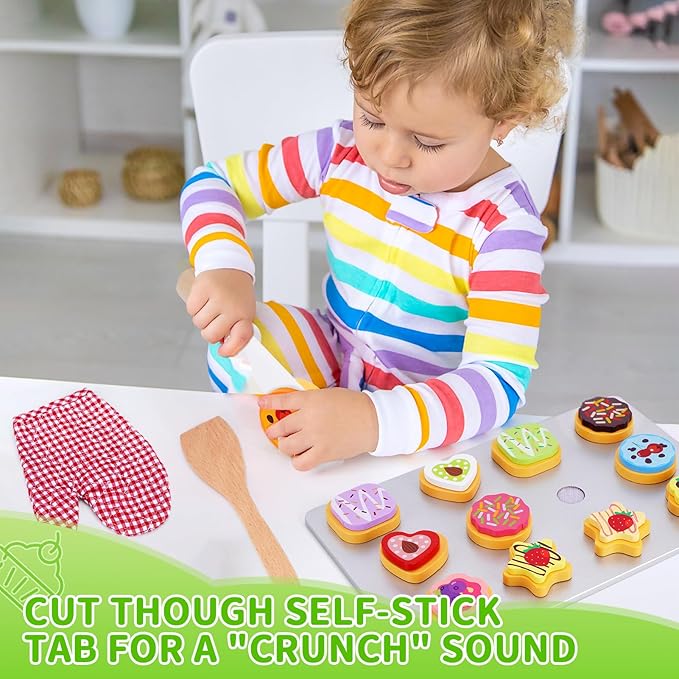 Slice and Bake Wooden Cookie Play Food Set for Kids Kitchen - Toy Food Accessories - Kids Pretend Cookies and Baking Sheet, Toy Baking Set for 3+ Year Old Boys Girls Birthday Gifts