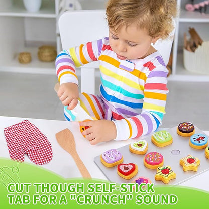 Slice and Bake Wooden Cookie Play Food Set for Kids Kitchen - Toy Food Accessories - Kids Pretend Cookies and Baking Sheet, Toy Baking Set for 3+ Year Old Boys Girls Birthday Gifts