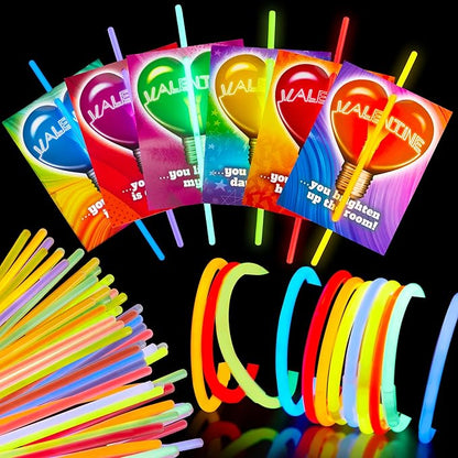 JOYIN 36 Packs Neon Valentines Day Gift Cards with Glow Stick Bracelets, Glow in the dark Necklaces for Valentine's Party Favor, Valentine Classroom Exchange Cards, Valentine School Prize