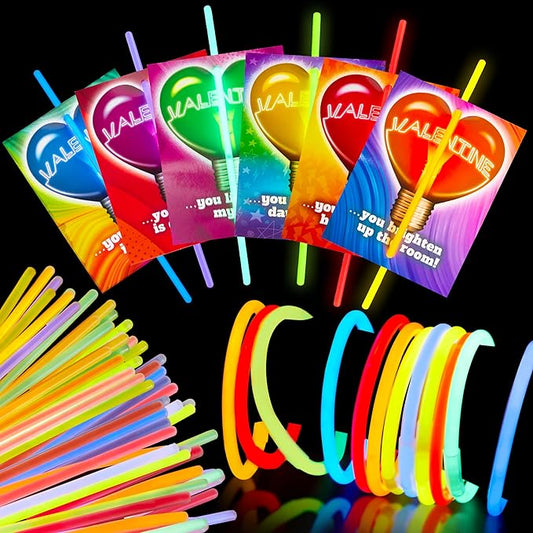 JOYIN 36 Packs Neon Valentines Day Gift Cards with Glow Stick Bracelets, Glow in the dark Necklaces for Valentine's Party Favor, Valentine Classroom Exchange Cards, Valentine School Prize