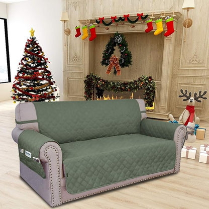 Easy-Going Sofa Slipcover Loveseat Cover Waterproof Couch Cover Washable Sofa Cover for 2 Cushion Couch Non-Slip Fabric Furniture Protector with Pocket for Pets Kids Dog Cat (Loveseat, Greyish Green)