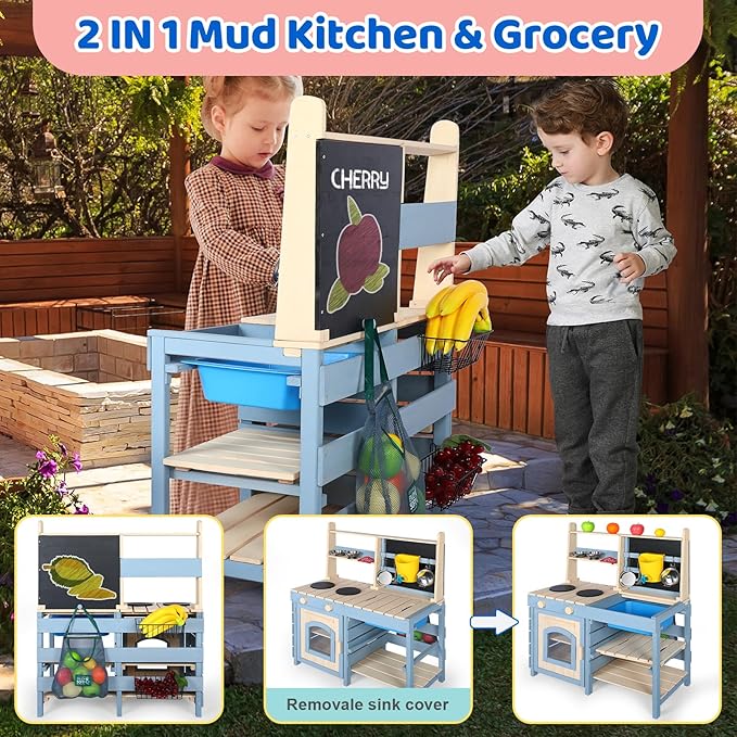 2 in 1 Wooden Mud Kitchen, Outdoor Play Kitchen with Removable Sink,Water Box & Faucet,Stove Top, Storage Bags& Metal Basket,Kitchen & Grocery Store Backyard Outdoor Pretend Kitchen for Kids