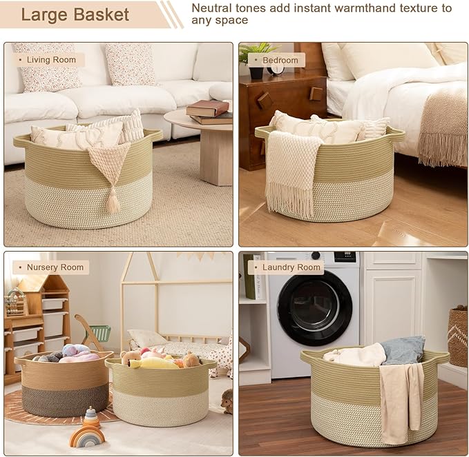OIAHOMY 115L Extra Large Blanket Basket, 23.6" x 15.4" Woven Cotton Rope Laundry Basket for Organizing Pillows, Decorative Stuffed Animal Toy Storage Bin for Nursery, Jute and White