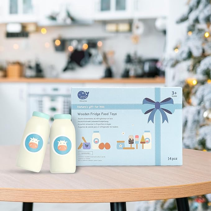 Pillowahle Wooden Play Food for Toddler 3+ Year Old, Kid Toy Food, Pretend Food with Milk Yogurt Egg Ice Cream Toy, Kids Play Kitchen Accessories, Gift for Boys Girls